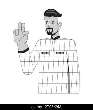 Confiant 40s arab man Victory signe noir et blanc personnage de dessin animé en ligne 2D. Illustration de Vecteur