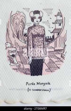 Années 1950 Cartoon Napkin - plaisanterie en langue française - Puree Mongole - Une Vierge chinoise Banque D'Images