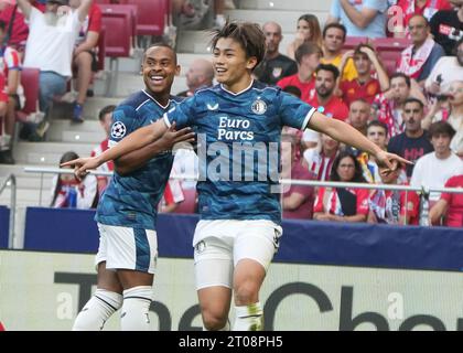 But de célébration Ayase Ueda lors du match de football du Groupe E de l'UEFA Champions League entre l'Atletico de Madrid et le Feyenoord le 4 octobre 2023 au stade Civitas Metropolitano de Madrid, Espagne. Photo de Laurent Lairys/ABACAPRESS.COM Banque D'Images