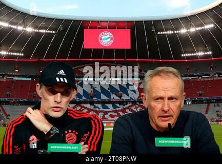 München, Deutschland 05. Oktober 2023 : Fussball, Herren, Bundesliga saison 2023/2024, FC Bayern München, Allianz Arena ! Achtung Fotomontage ! Hier im Bild Thomas Tuchel, entraîneur (FC Bayern München) mit Christian Streich, entraîneur (SC Freiburg) die am kommenden Sonntag in der Allianz Arena aufeinandertreffen werden, Vorschau, Symbolbild, im hintergrund die Nordkurve in der Arena Banque D'Images