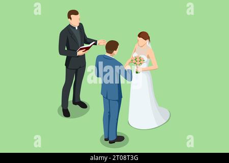 Couple de mariage isométrique et le prêtre sont debout à l'extérieur. Le prêtre lit le texte de la Bible. La cérémonie de mariage Illustration de Vecteur