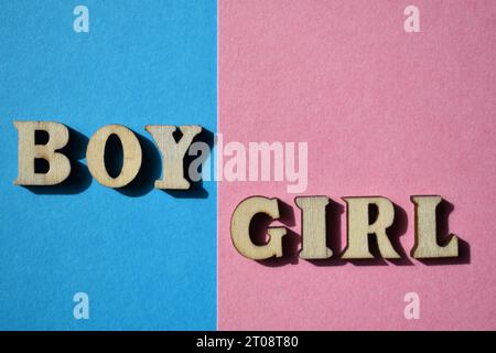 Garçon, fille, mots en lettres de l'alphabet en bois isolés sur fond bleu et rose, stéréotype de genre Banque D'Images