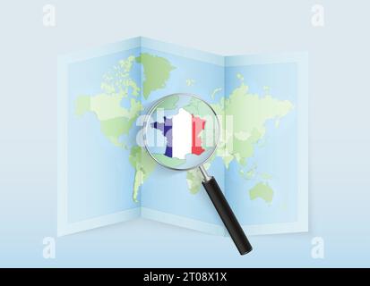 Une carte du monde pliée avec une loupe pointant vers la France. Carte et drapeau de l'Italie en loupe. Illustration vectorielle dans le ton de couleur bleue. Illustration de Vecteur