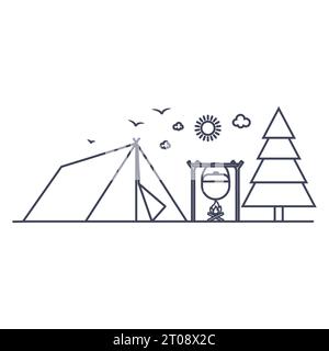 Icônes linéaires de feu de camp extérieur de tente. Un pique-nique près de la forêt, un chaudron sur le feu près de la tente. Illustration vectorielle isoler Illustration de Vecteur