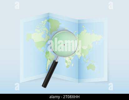 Une carte du monde pliée avec une loupe pointant vers le Liechtenstein. Carte et drapeau de l'Italie en loupe. Illustration vectorielle dans le ton de couleur bleue. Illustration de Vecteur