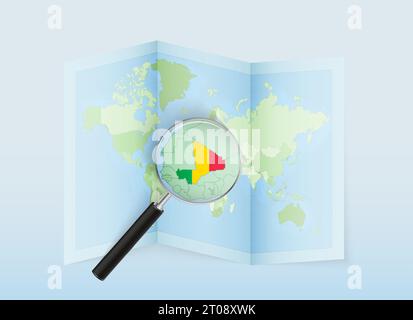 Une carte du monde pliée avec une loupe pointant vers le Mali. Carte et drapeau de l'Italie en loupe. Illustration vectorielle dans le ton de couleur bleue. Illustration de Vecteur