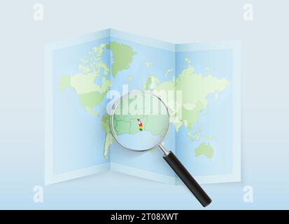 Une carte du monde pliée avec une loupe pointant vers le Togo. Carte et drapeau de l'Italie en loupe. Illustration vectorielle dans le ton de couleur bleue. Illustration de Vecteur