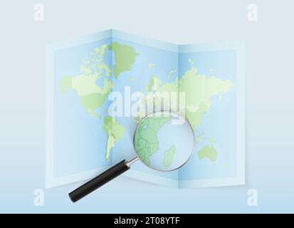 Une carte du monde pliée avec une loupe pointant vers les Comores. Carte et drapeau de l'Italie en loupe. Illustration vectorielle dans le ton de couleur bleue. Illustration de Vecteur