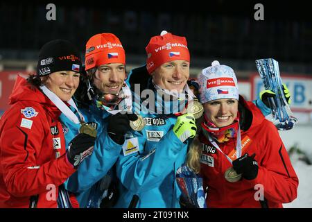 Ondrej Moravec, Veronika Vitkova, Jaroslav Soukup und Gabriela Soukalova Mixed Staffel Bronze für Tschechien Biathlon Weltmeisterschaft in Nove Mesto na Morave, Tschechien am 07.02.2013 Banque D'Images