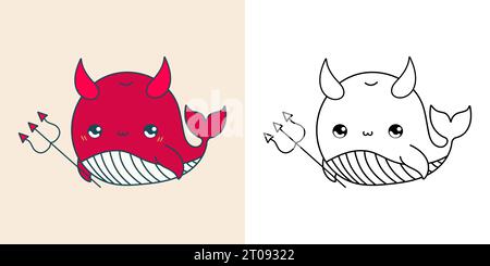 Clipart Halloween Whale multicolore et Noir et blanc. Illustration de Vecteur