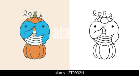 Halloween Kawaii Whale pour Coloriage page et Illustration Illustration de Vecteur