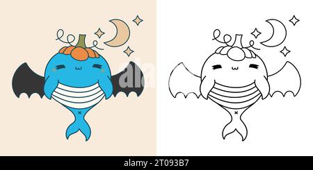 Mignon Halloween Whale Illustration et pour Coloriage page Illustration de Vecteur