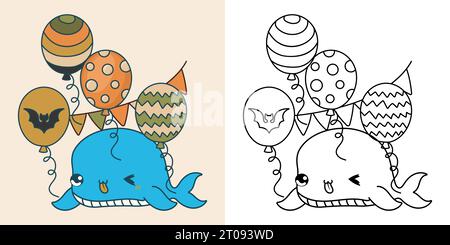 Mignon Halloween Whale Illustration et pour Coloriage page Illustration de Vecteur