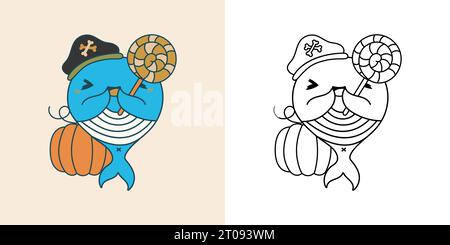 Kawaii Halloween Whale Clipart multicolore et Noir et blanc Illustration de Vecteur