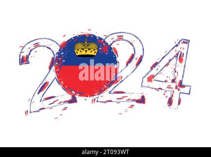 2024 année en style grunge avec drapeau du Liechtenstein. Illustration vectorielle grunge de vacances. Illustration de Vecteur