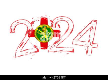 2024 ans en style grunge avec drapeau d'Aurigny. Illustration vectorielle grunge de vacances. Illustration de Vecteur