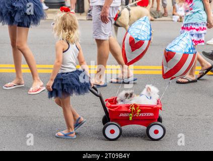 Petite fille en costume tirant un wagon plein de lapins dans le défilé Franklin Rodeo Banque D'Images