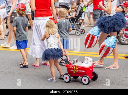 Petite fille en costume tirant un wagon plein de lapins dans le défilé Franklin Rodeo Banque D'Images