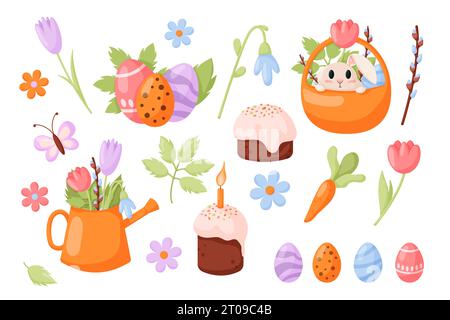 Sticker collection printemps pâques. Joyeux jour de Pâques Stickers collection colorée avec lapin mignon, œufs, fleurs de printemps. Ensemble d'icônes de Pâques isolé sur Illustration de Vecteur