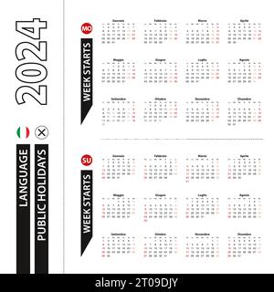 Deux versions du calendrier 2024 en italien, la semaine commence à partir du lundi et la semaine commence à partir du dimanche. Modèle vectoriel. Illustration de Vecteur