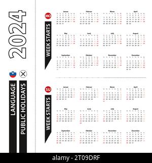 Deux versions du calendrier 2024 en slovène, la semaine commence à partir du lundi et la semaine commence à partir du dimanche. Modèle vectoriel. Illustration de Vecteur