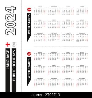 Deux versions du calendrier 2024 en géorgien, la semaine commence à partir du lundi et la semaine commence à partir du dimanche. Modèle vectoriel. Illustration de Vecteur