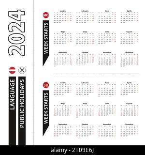 Deux versions du calendrier 2024 en letton, la semaine commence à partir du lundi et la semaine commence à partir du dimanche. Modèle vectoriel. Illustration de Vecteur