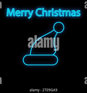 Lettrage de type néon de Joyeux Noël et bonne année avec chapeau de Père Noël dans le cadre sur fond sombre. Illustration de Vecteur