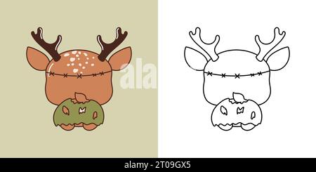 Kawaii Halloween Deer multicolore et Noir et blanc. Magnifique clip Art Halloween Animal Illustration de Vecteur