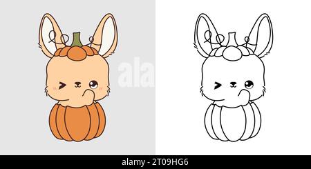 Kawaii Clipart Halloween Rabbit Illustration et pour Coloriage page. Drôle Kawaii Halloween Hare. Illustration de Vecteur