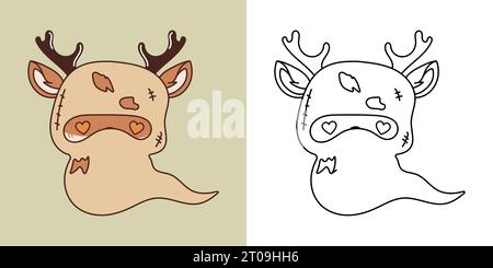 Mignon Halloween Deer Illustration et pour Coloriage page. Dessin animé clip Art Halloween Animal. Illustration de Vecteur