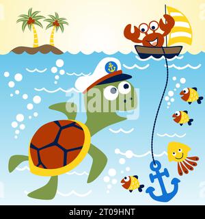 Dessin animé d'animaux marins, tortue portant le chapeau de marin, crabe drôle sur le voilier, illustration de dessin animé vectoriel Illustration de Vecteur