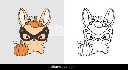 Définir Clipart Halloween Hare Coloriage page et Illustration colorée. Kawaii Halloween Bunny Illustration de Vecteur