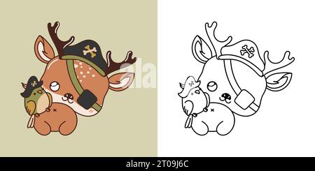 Définir Clipart Halloween Deer Coloriage page et Illustration colorée. Kawaii Halloween Animal. Illustration de Vecteur