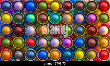 fond multicolore avec sphères et cylindres métalliques. rendu 3d. Banque D'Images