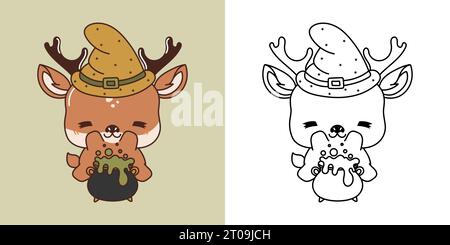 Dessin animé Halloween Deer Clipart pour Coloriage page et Illustration. Joyeux clip Art Halloween Animal. Illustration de Vecteur