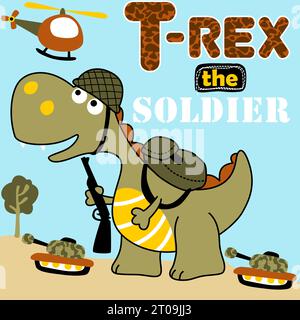 Dinosaure drôle dans des accessoires militaires avec des véhicules blindés jouet, illustration de dessin animé vectoriel Illustration de Vecteur
