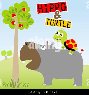 Balade mignonne tortue sur le dos de l'hippotame, arbre fruitier, illustration de dessin animé vectoriel Illustration de Vecteur