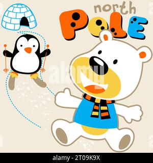 Ours polaire drôle, mignon ski pingouin, igloo, illustration de dessin animé vectoriel Illustration de Vecteur