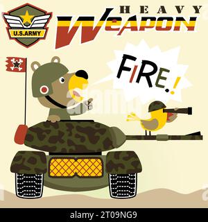 Ours drôle avec petit oiseau portant casque militaire sur véhicule blindé, illustration de dessin animé vectoriel Illustration de Vecteur