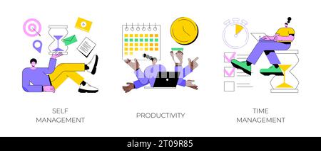 Ensemble d'illustrations vectorielles abstraites de performance des employés et d'auto-organisation. Gestion de soi et du temps, productivité, logiciel de motivation, planification d'emploi efficace, métaphore abstraite de contrôle. Illustration de Vecteur