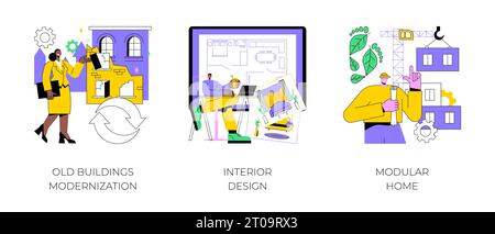 Ensemble d'illustrations vectorielles de concept abstrait d'architecture et de construction. Modernisation des bâtiments anciens, design d'intérieur, maison modulaire, studio de design, décoration de maison, métaphore abstraite de construction verte. Illustration de Vecteur