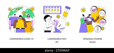 Ensemble d'illustrations vectorielles du concept abstrait de l'éclosion de coronavirus. Nouvelle trousse de test du coronavirus covid19, règles d'hygiène personnelle, diagnostic de covid, se laver les mains, porter une métaphore abstraite de masque. Illustration de Vecteur