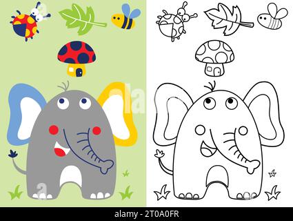 éléphant mignon avec des insectes et des champignons, livre de coloriage ou page, illustration de dessin animé vectoriel Illustration de Vecteur