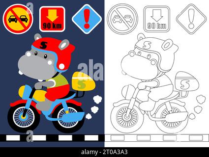 dessin animé vectoriel de moto hippopotame avec panneaux de signalisation, livre de coloriage ou page Illustration de Vecteur
