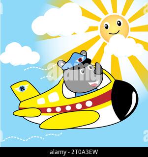 dessin animé vectoriel de rhinocéros sur avion avec soleil souriant Illustration de Vecteur