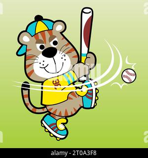 dessin animé vectoriel de tigre drôle jouant au baseball Illustration de Vecteur