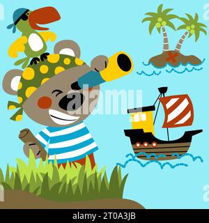 Dessin animé vectoriel d'ours mignon en costume de pirate avec perroquet, voilier dans la mer. Illustration d'élément pirate Illustration de Vecteur