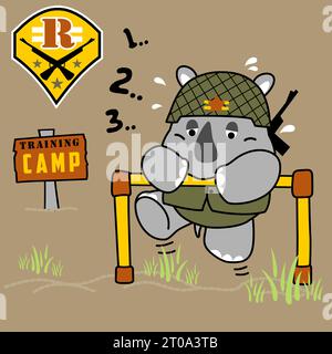 Rhinocéros mignon dans le camp d'entraînement militaire, illustration de dessin animé vectoriel Illustration de Vecteur
