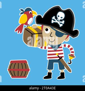 Jeune garçon en costume de pirate portant un coffre au Trésor avec perroquet et baril en bois, illustration de dessin animé vectoriel Illustration de Vecteur